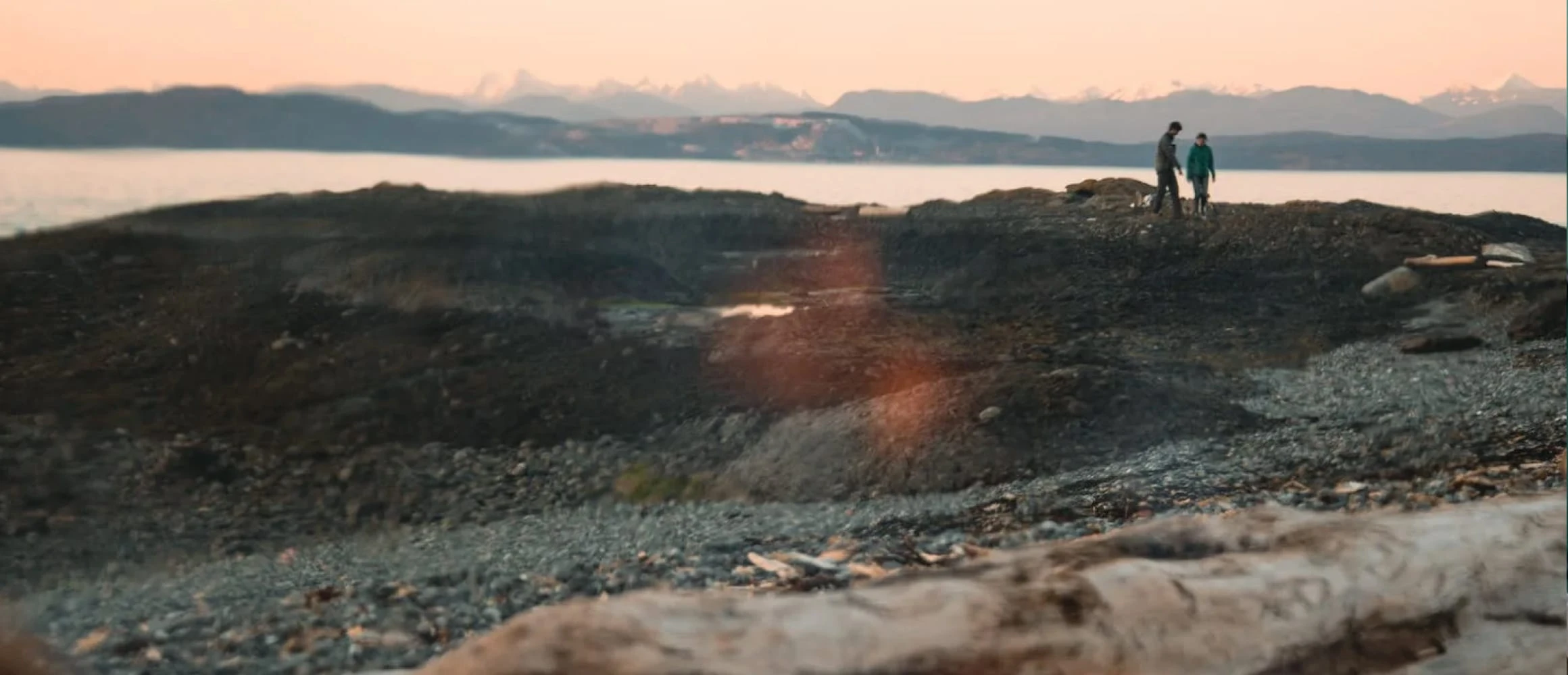 Couple walking on a beach near a bonfire