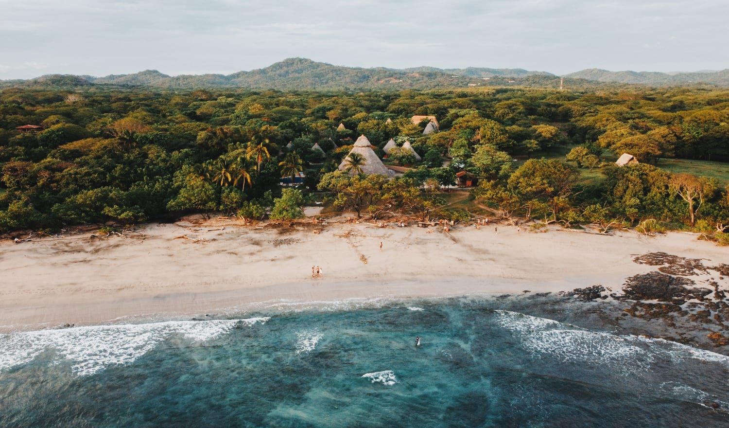 A golden beach with a backdrop of lush rain forrest