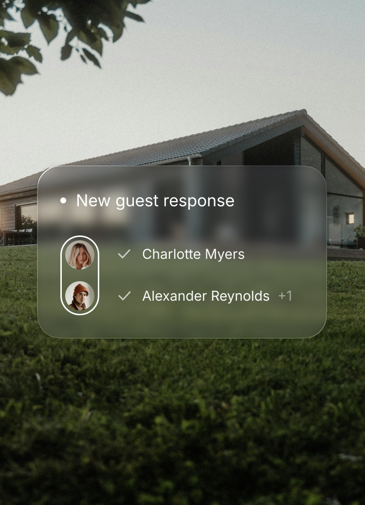 Guest list dashboard showing new RSVP responses from Charlotte Myers and Alexander Reynolds