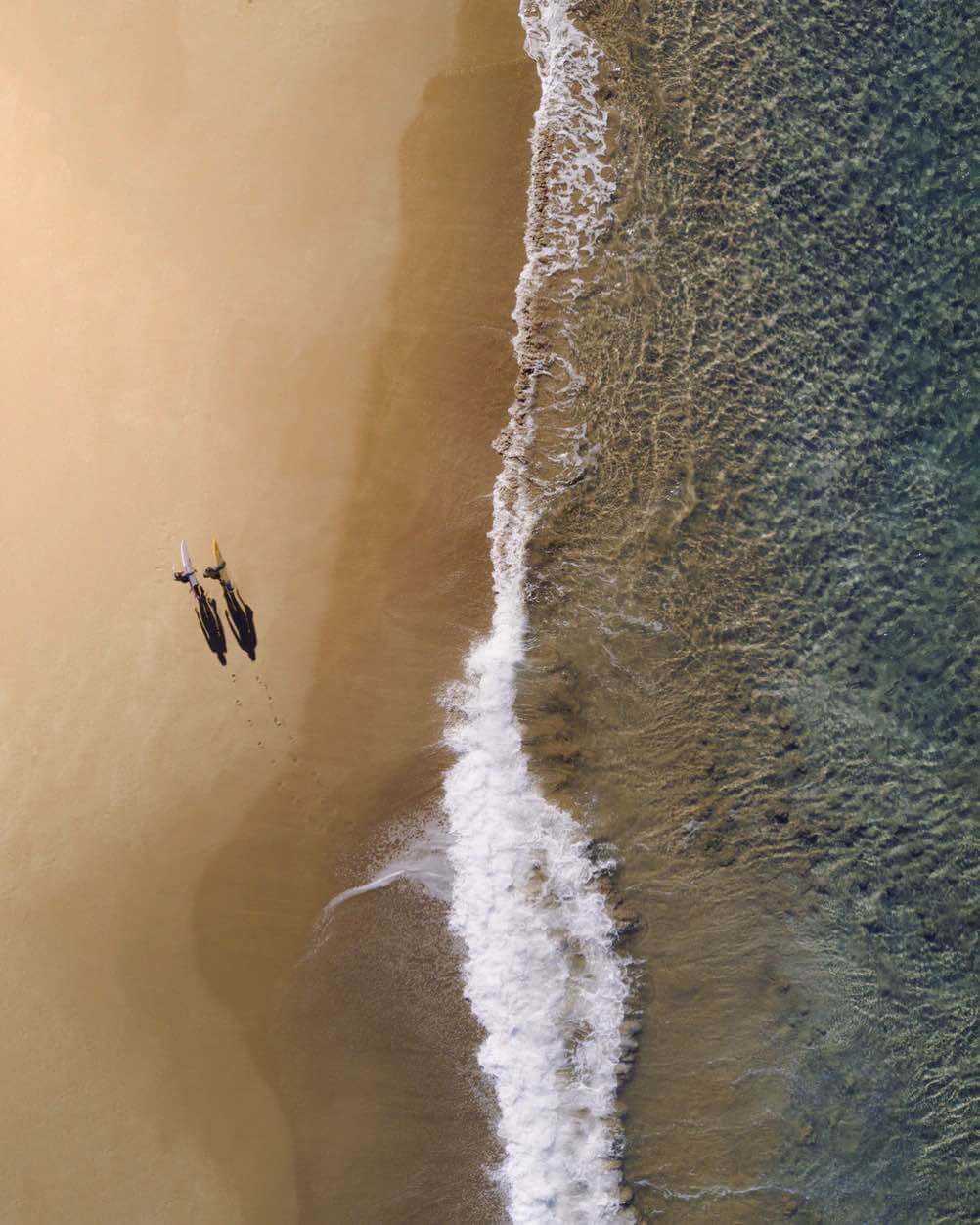 Beach walkers casting shadows on the sand