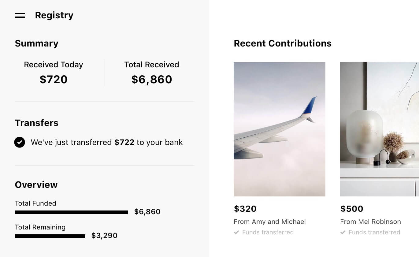 A list of experiences showing funding and bank transfers