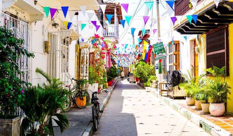 Colorful street decorations in a lively area of Colombia