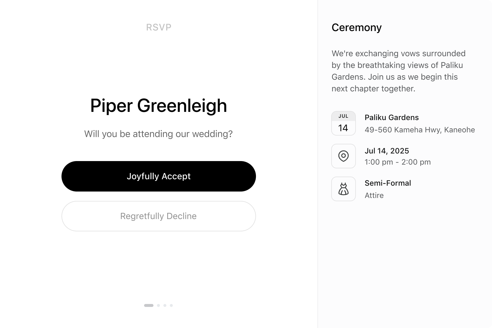 Example of RSVP functionality on a Hitchd wedding website